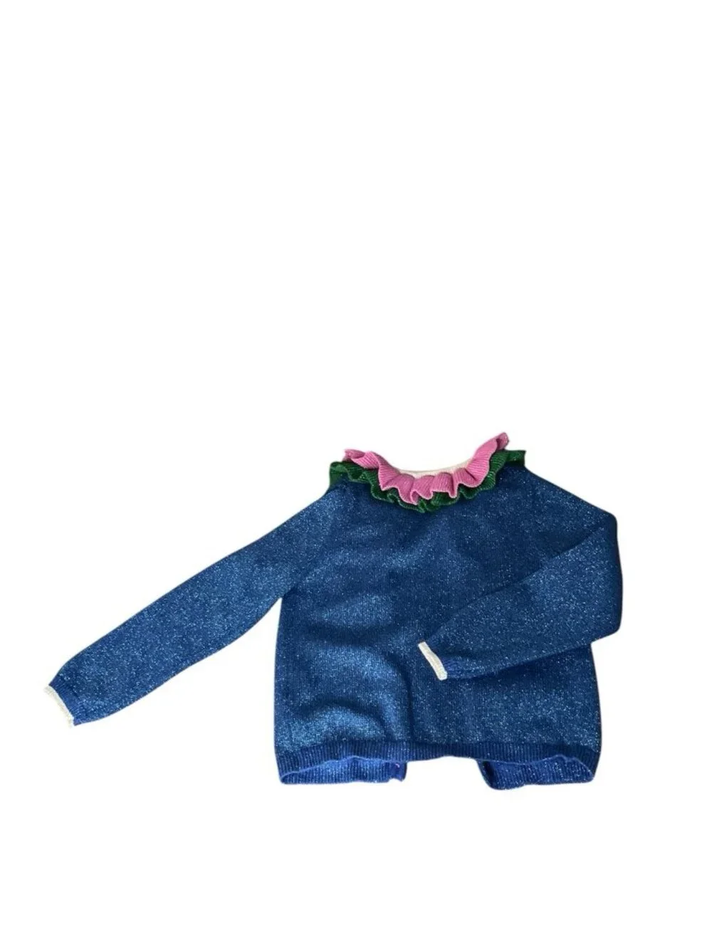 Mini Boden Girls Knit Button Cardigan Sweater Ruffle Collar Blue Size 7-8